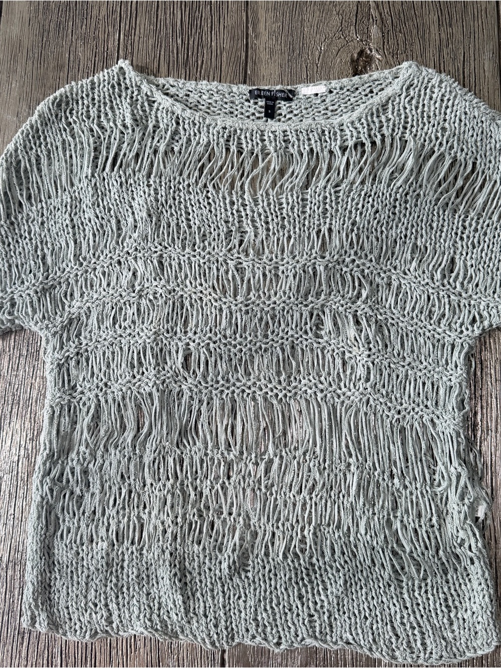 Eileen Fisher Sage Light Green Open Knit Round Neck Pullover Box Sweater Sz S